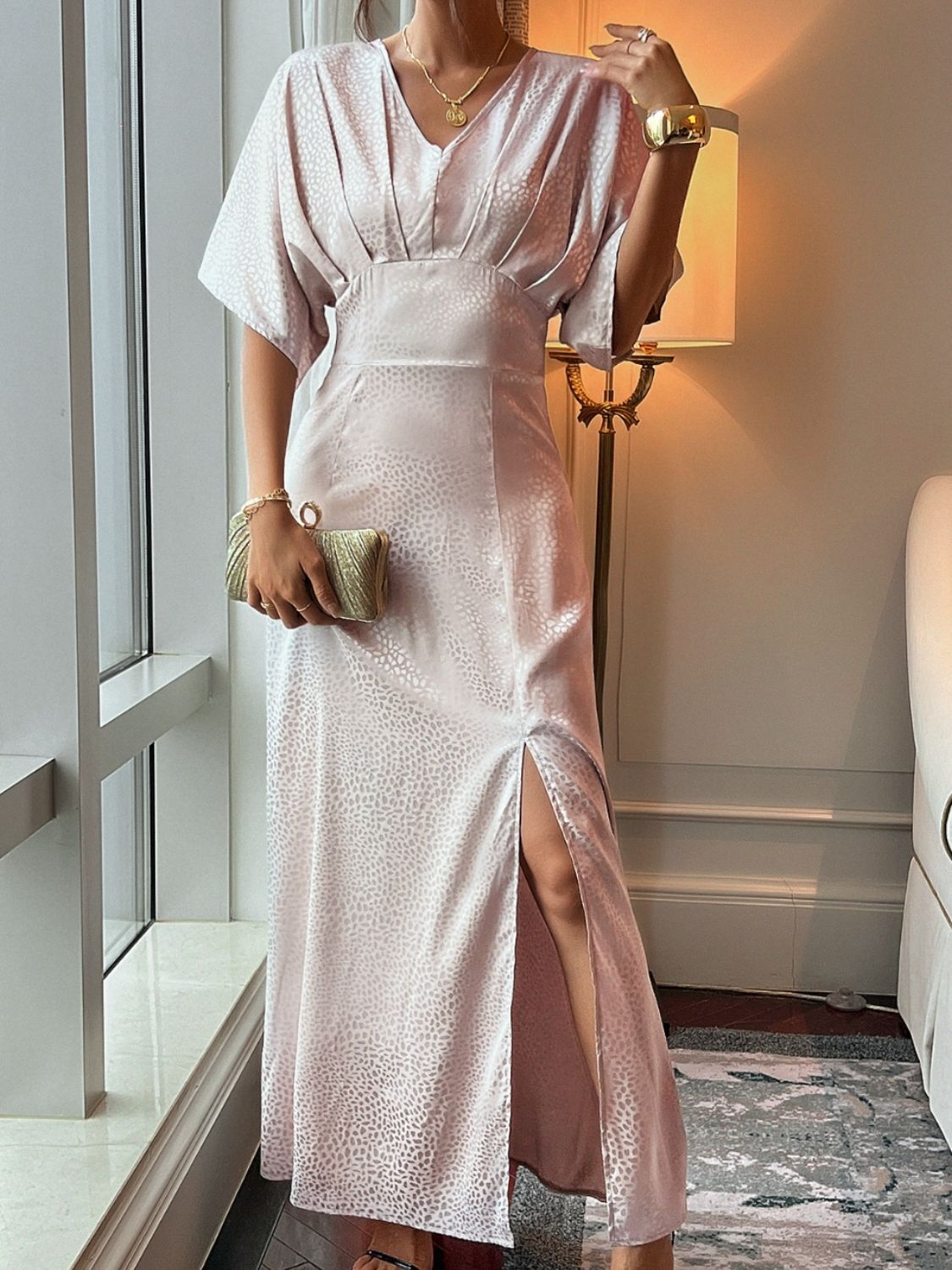 Slit Animal Print V-Neck Half Sleeve Dress - Charming Charlie