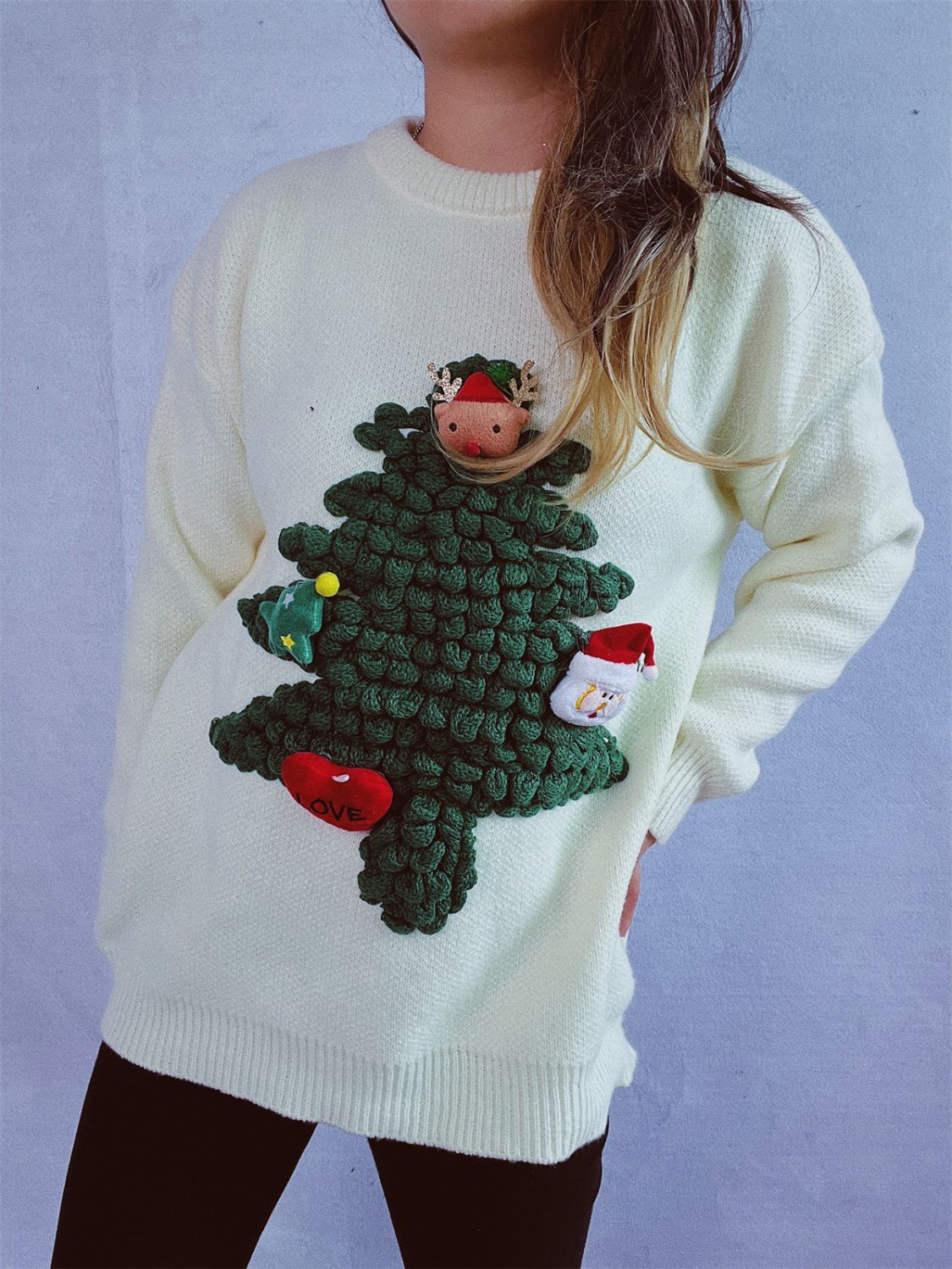 Christmas Tree Round Neck Long Sleeve Sweater - Charming Charlie