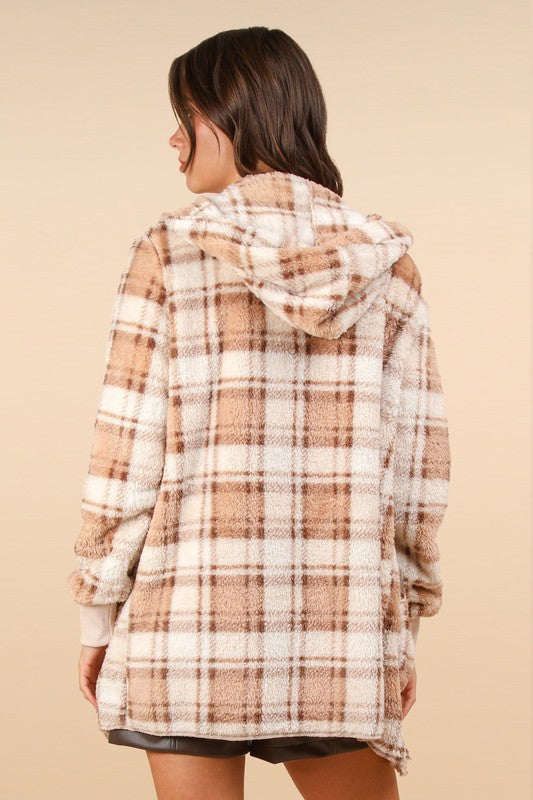 VERY J Fuzzy Plaid Long Sleeve Hooded Jacket - Charming Charlie
