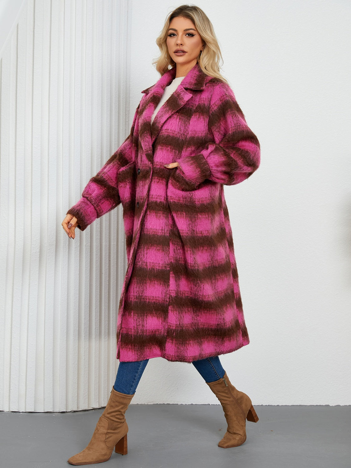 Contrast Double-Breasted Long Sleeve Longline Coat - Charming Charlie