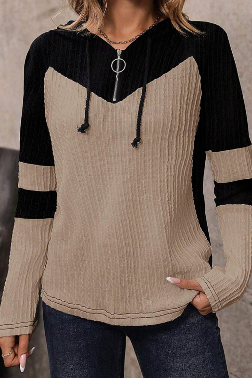 Drawstring Quarter Zip Contrast Long Sleeve Hoodie - Charming Charlie