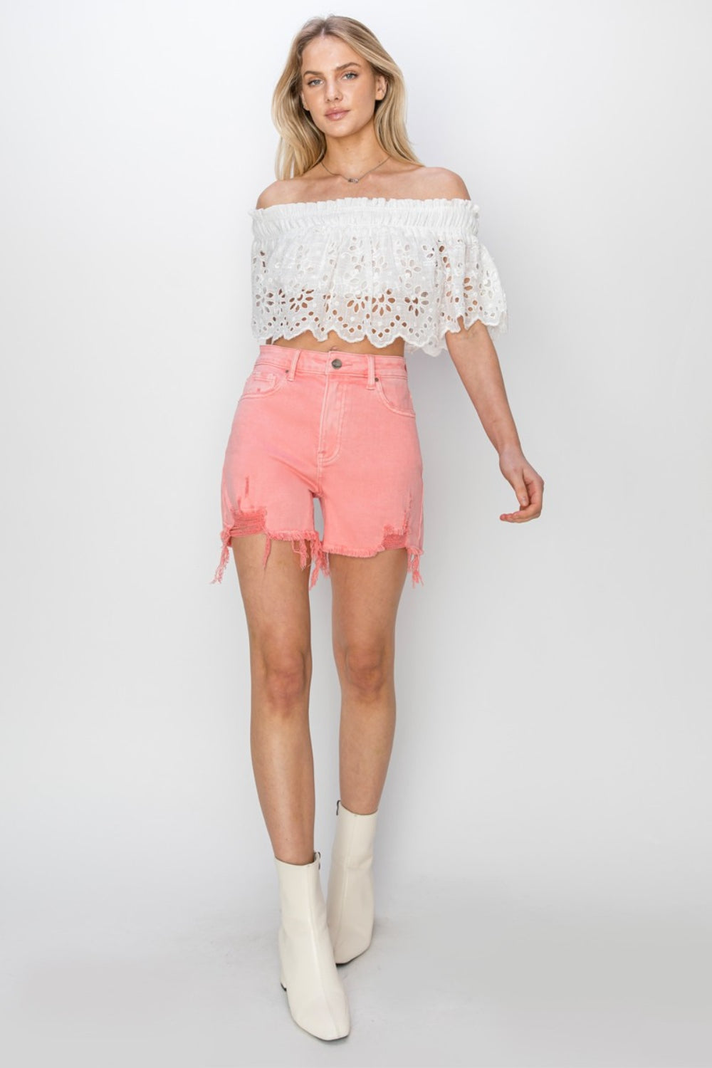 RISEN High Rise Distressed Denim Shorts - Charming Charlie