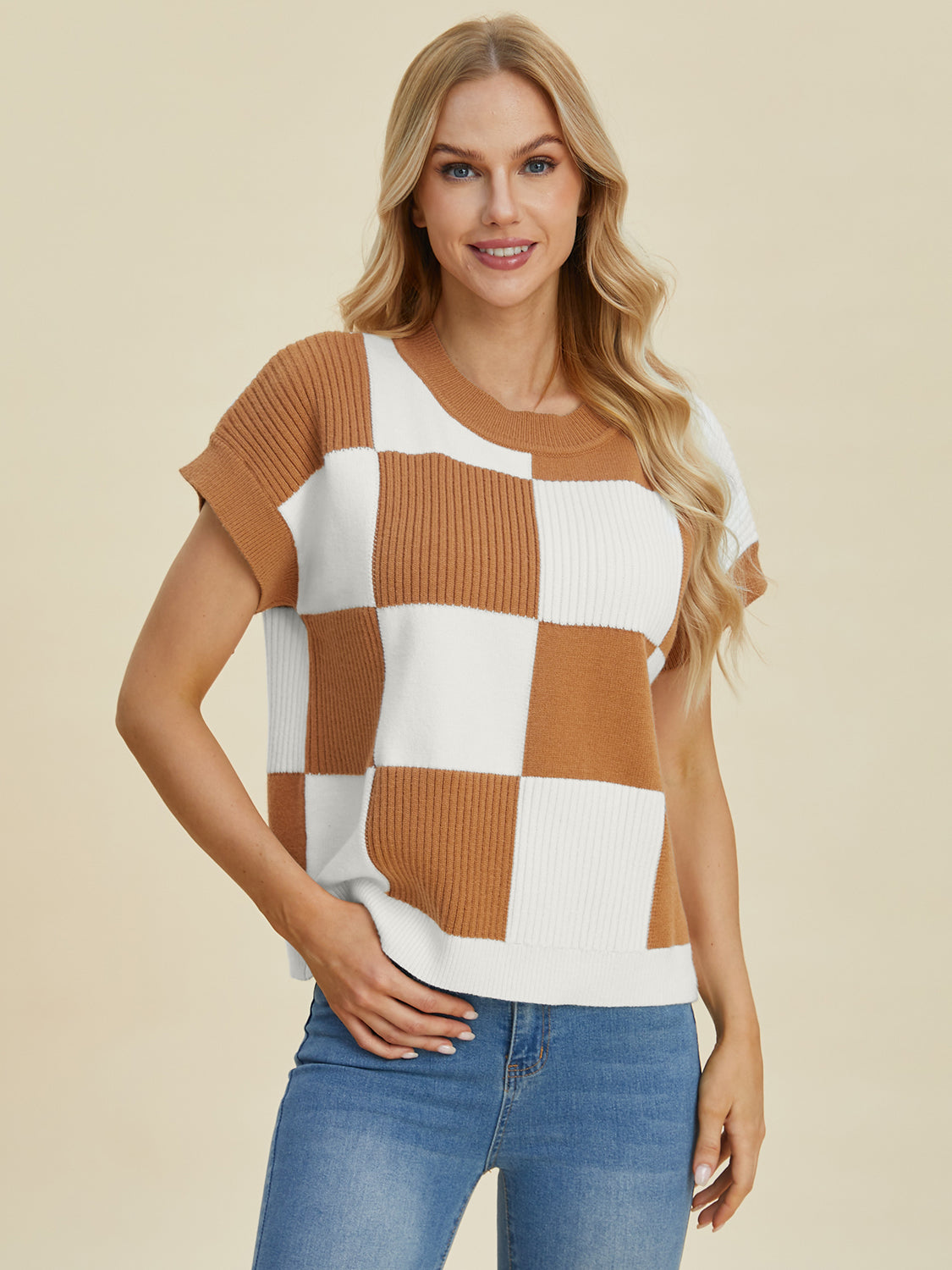 Double Take Full Size Checkered Round Neck Short Sleeve Sweater - Charming Charlie