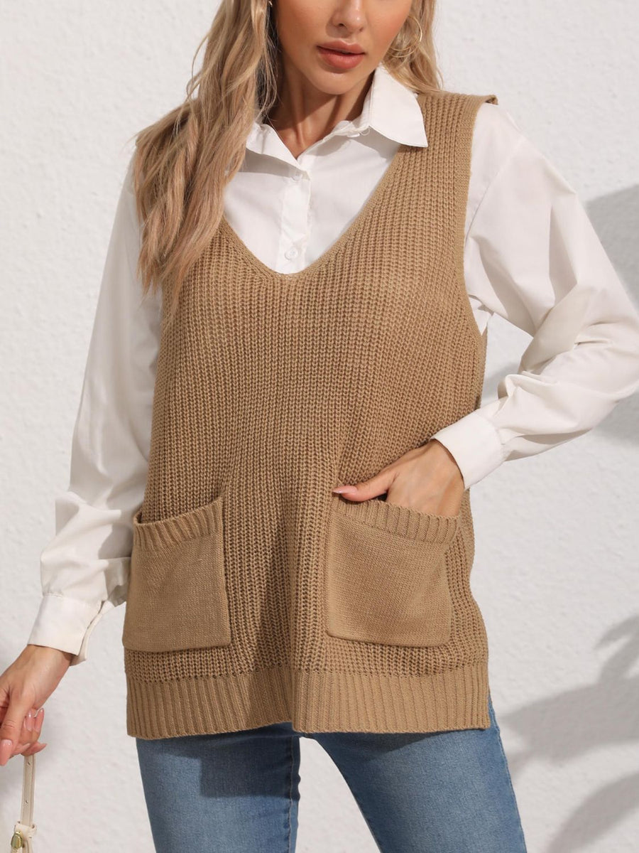 Pecan Oversize V-Neck Long Soft Sweater Vest With Pockets main image 1