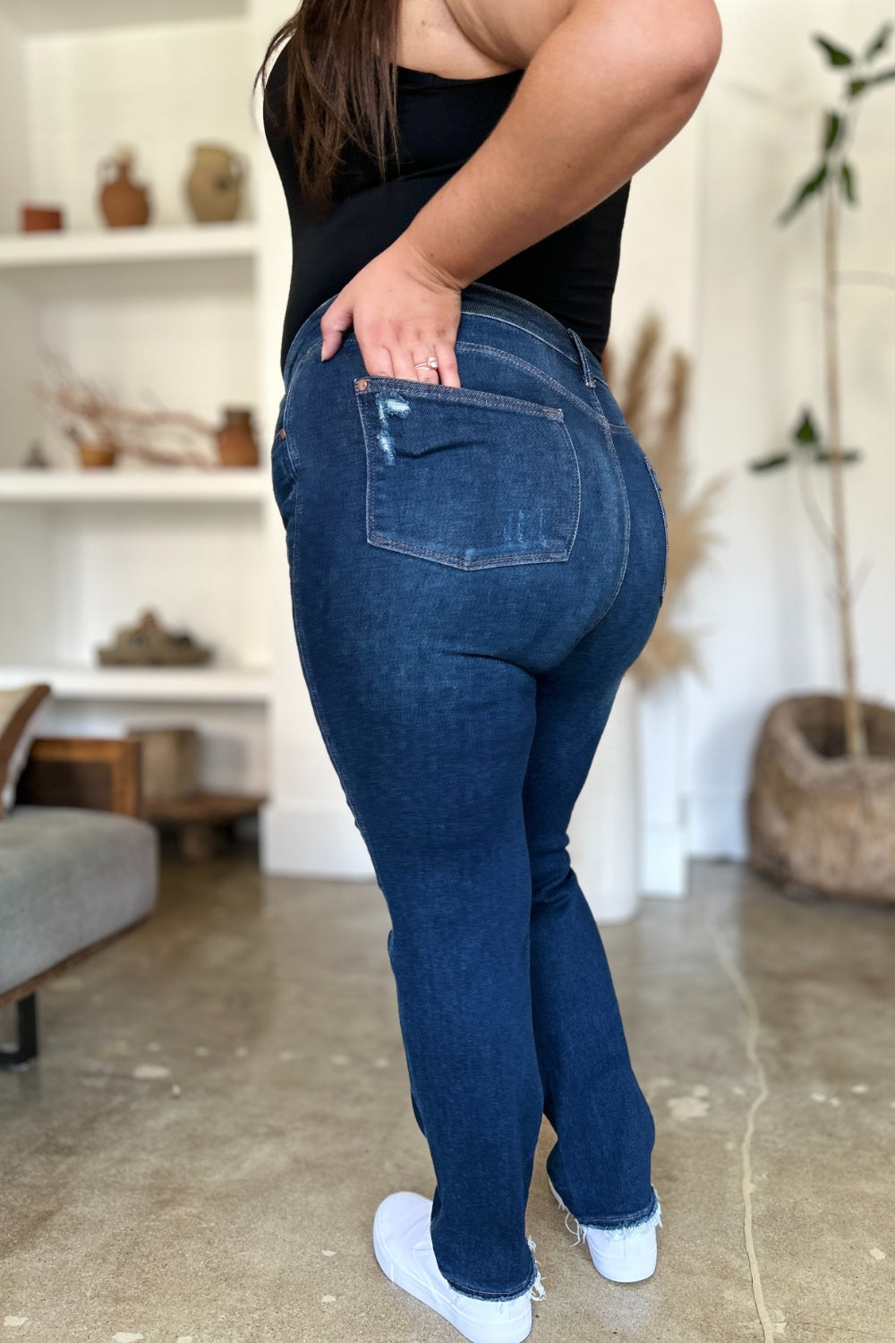 Judy Blue Full Size High Waist Rigid Magic Heavy Destroy Straight Jeans - Charming Charlie