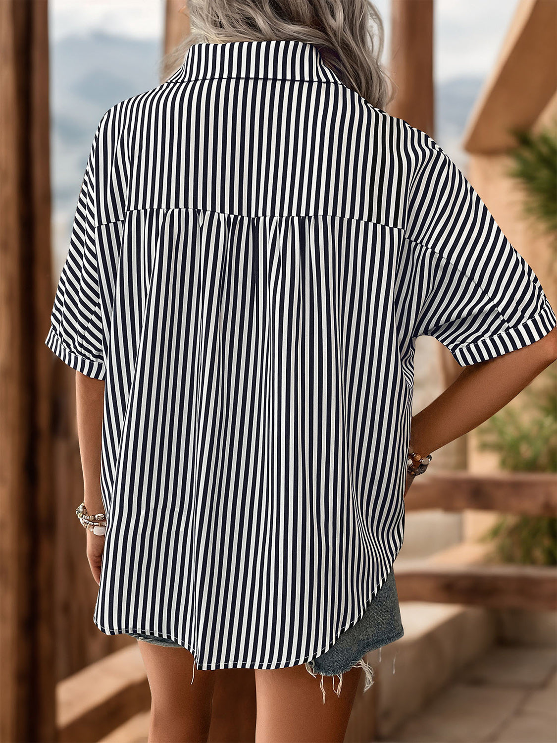 Striped Collared Neck Half Sleeve Shirt - Charming Charlie