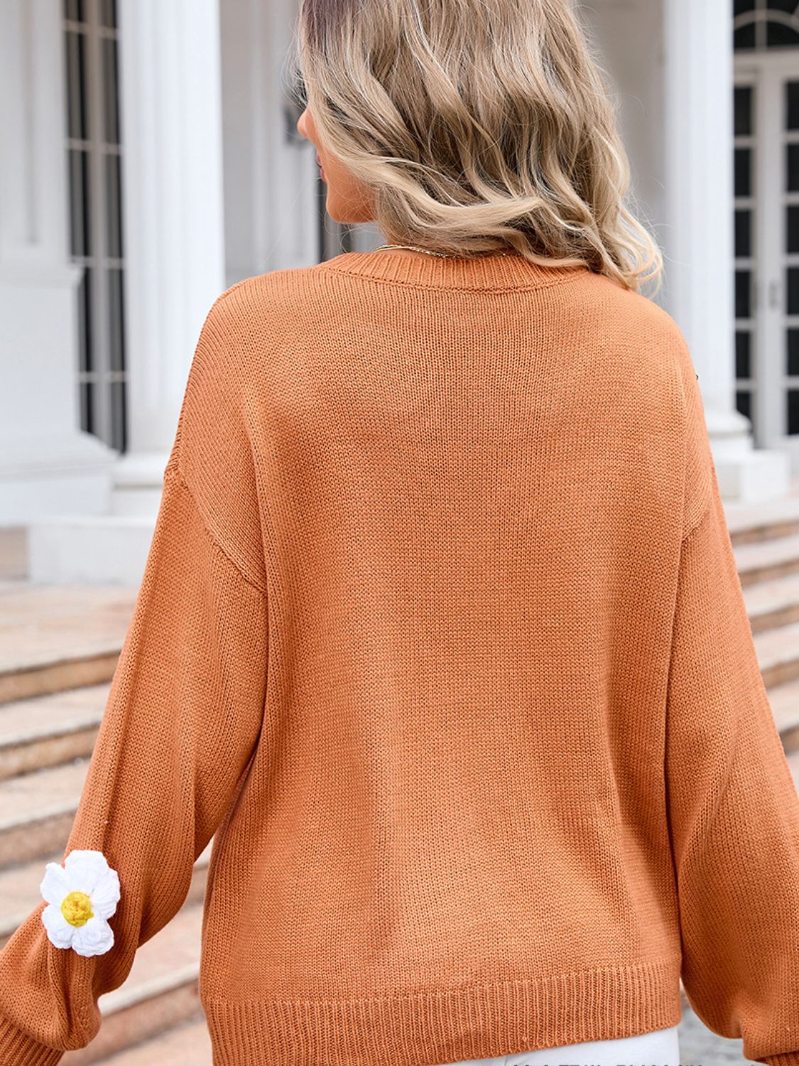 Flower Round Neck Long Sleeve Sweater - Charming Charlie