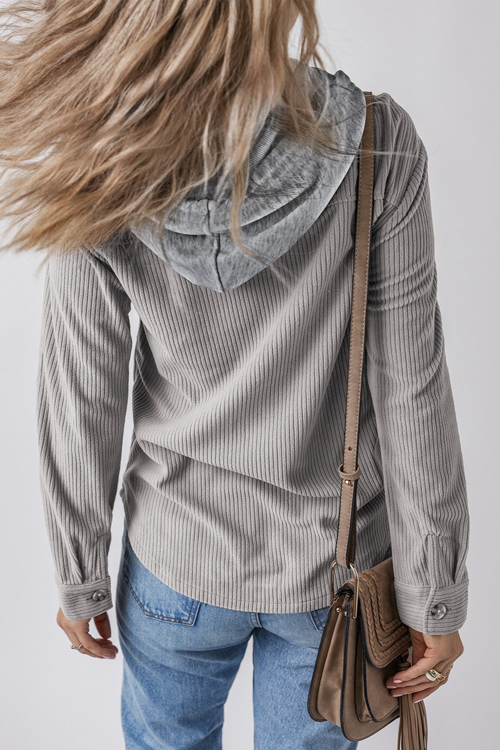 Drawstring Button Up Long Sleeve Hooded Jacket - Charming Charlie