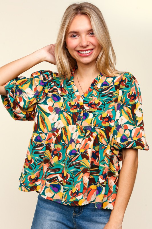 Haptics Full Size Frill Floral Puff Sleeve Peplum Blouse - Charming Charlie