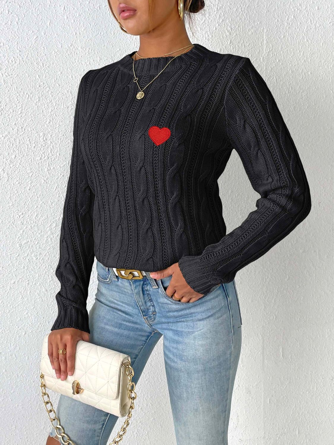 Cable-Knit Heart Round Neck Long Sleeve Sweater - Charming Charlie