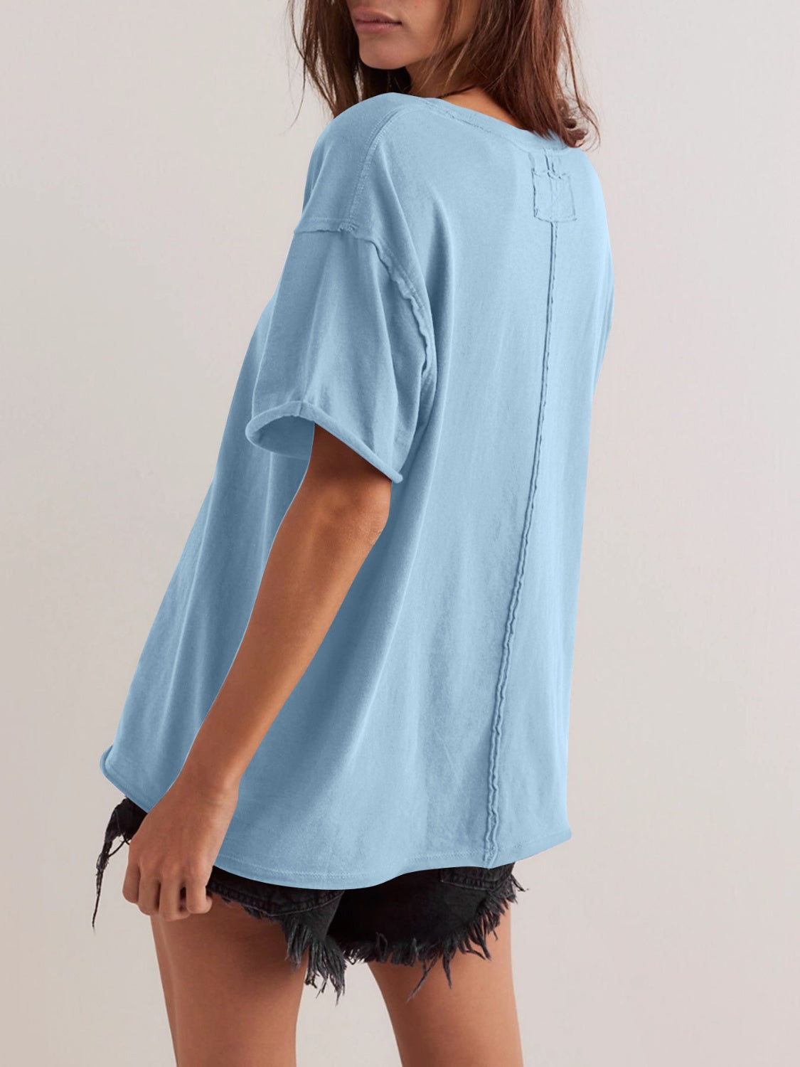 Lovelet Exposed Seam Round Neck Half Sleeve T-Shirt - Charming Charlie