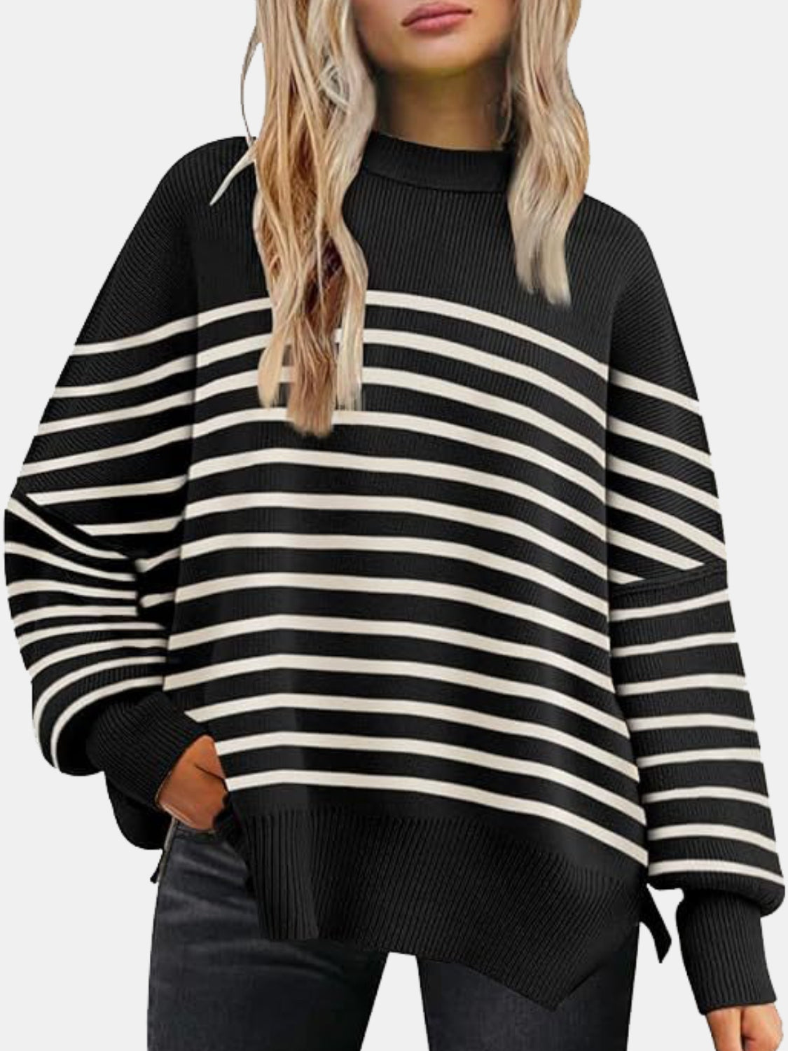Round Neck Drop Shoulder Slit Sweater - Charming Charlie