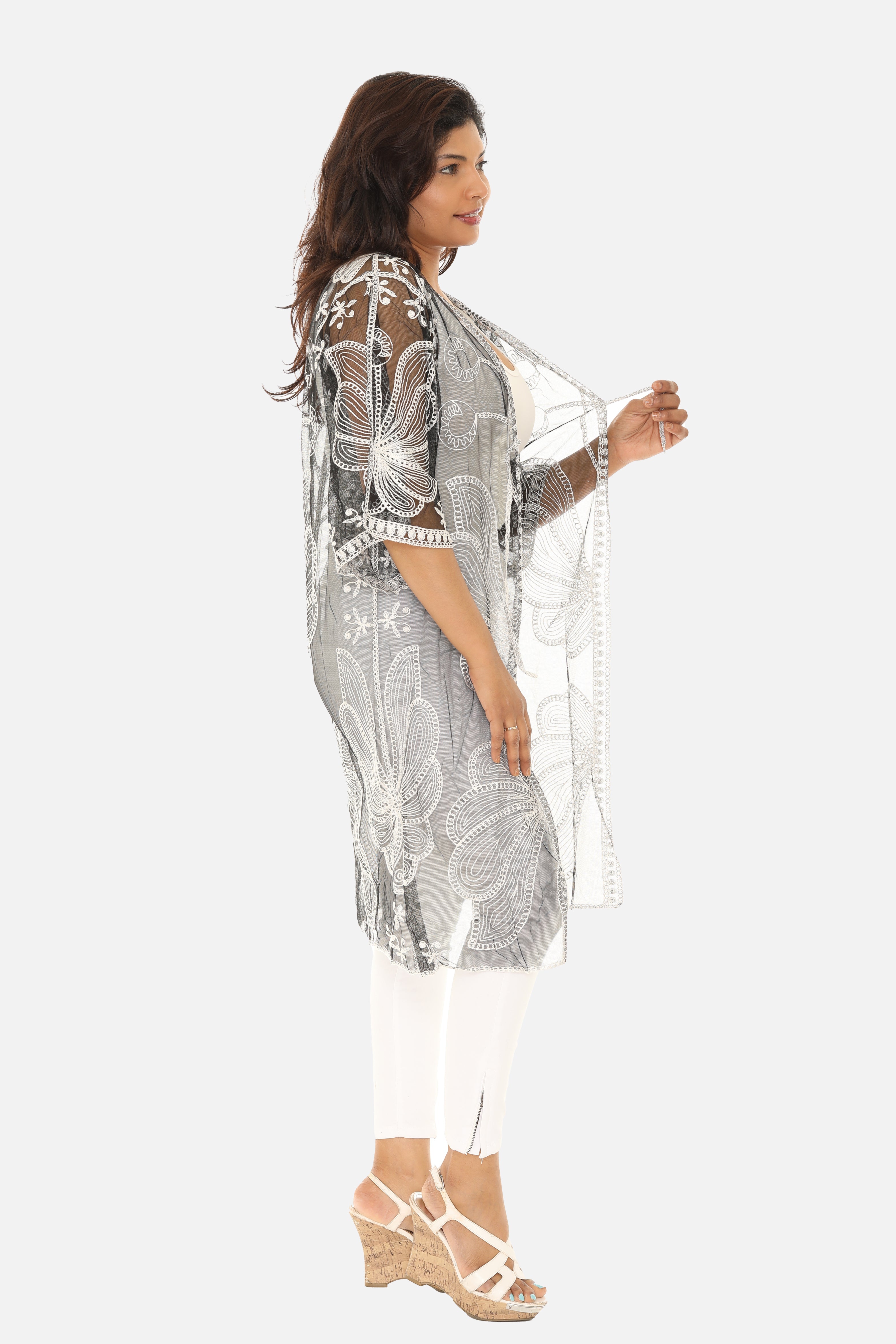 Butterfly Pattern Long Cover-Up with Tie-Knot Closure - Charming Charlie