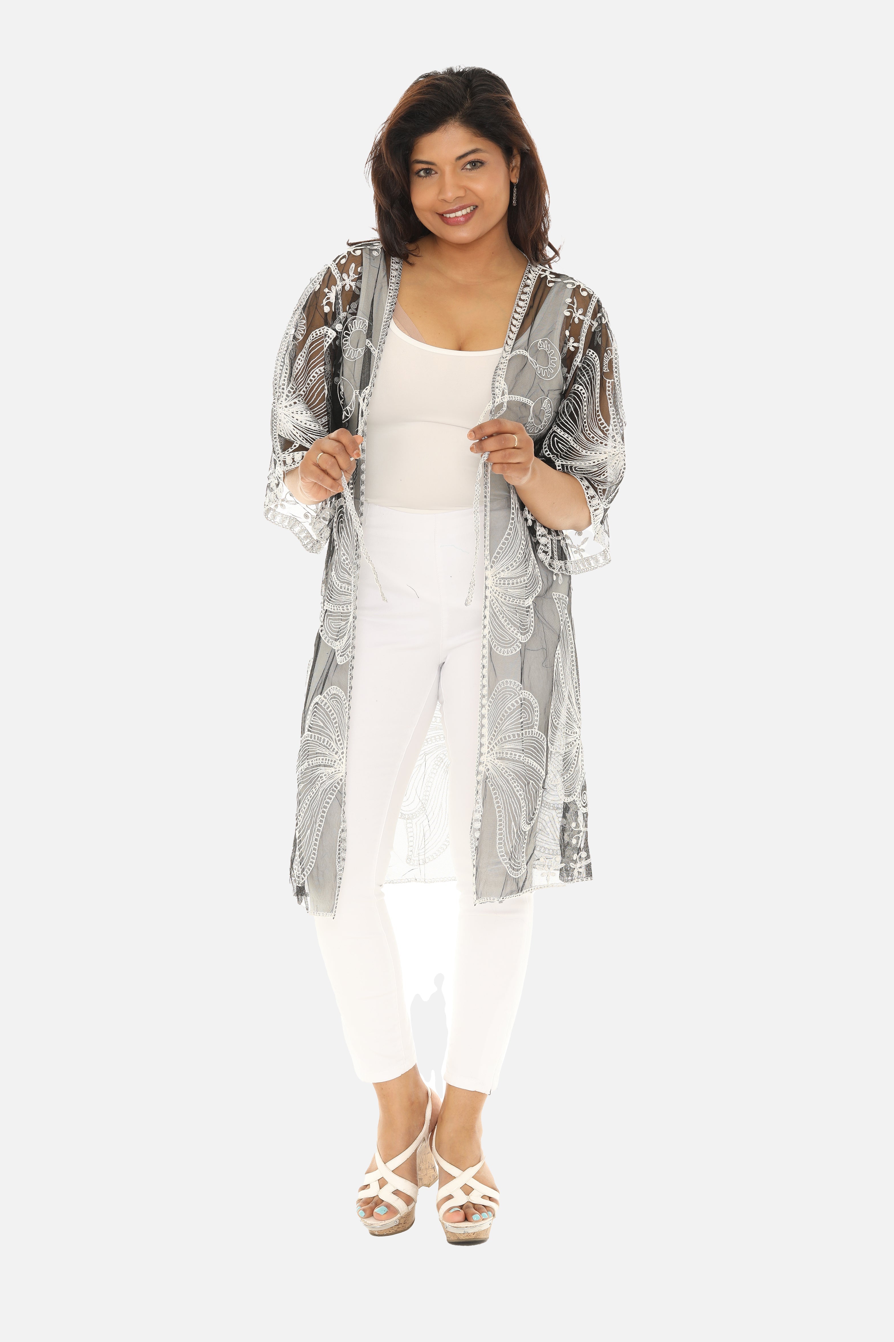 Butterfly Pattern Long Cover-Up with Tie-Knot Closure - Charming Charlie