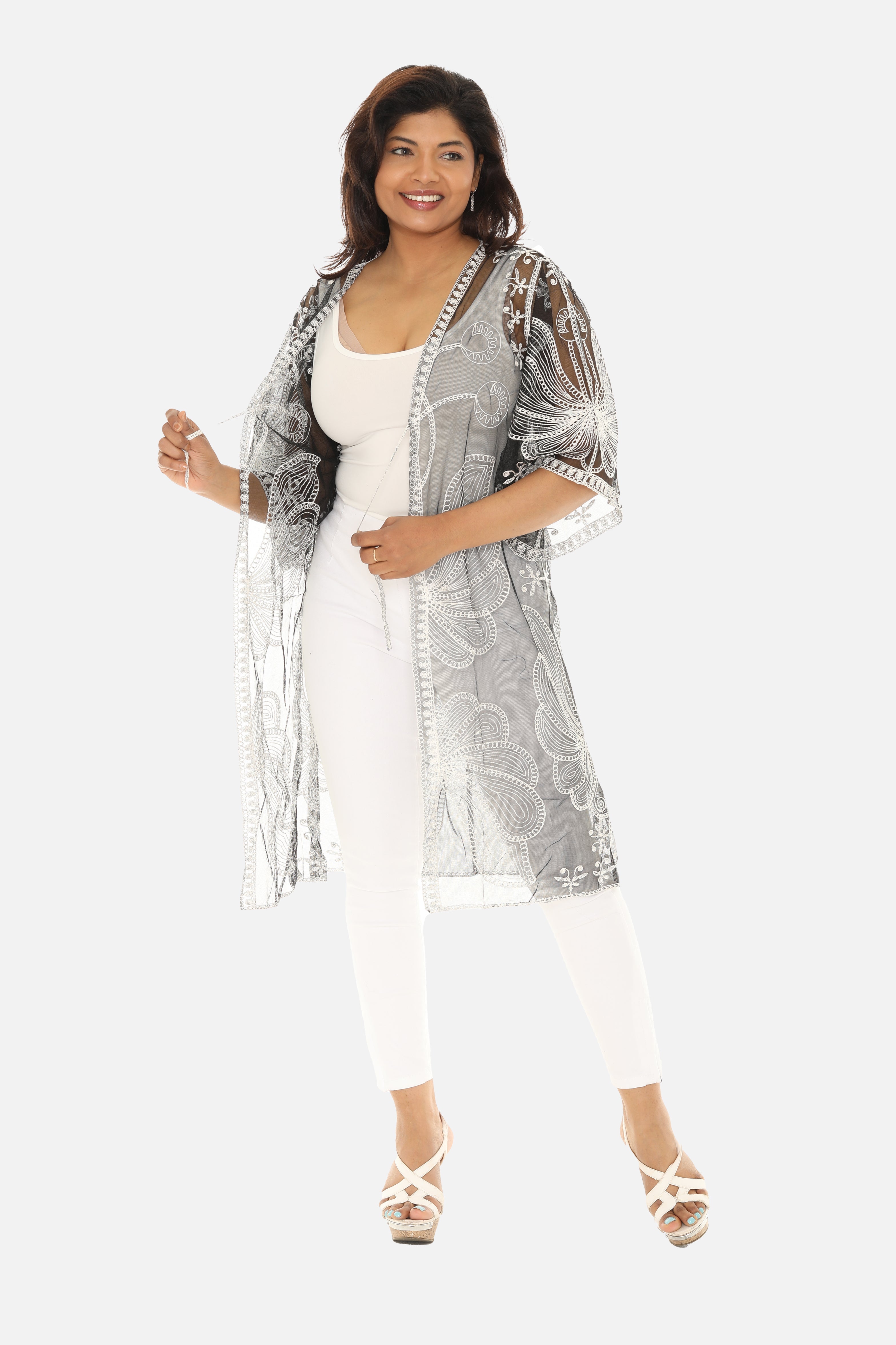 Butterfly Pattern Long Cover-Up with Tie-Knot Closure - Charming Charlie