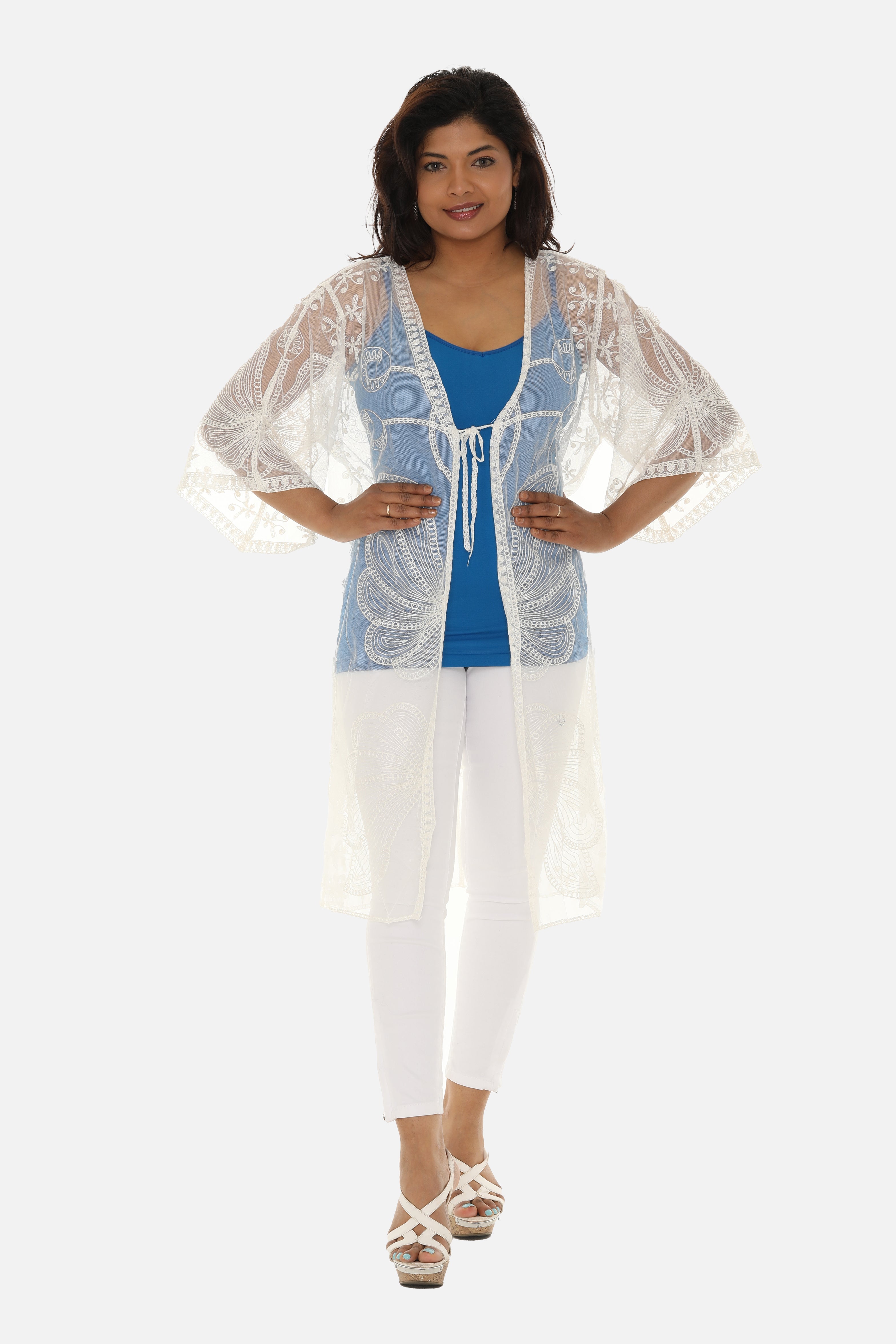 Butterfly Pattern Long Cover-Up with Tie-Knot Closure - Charming Charlie