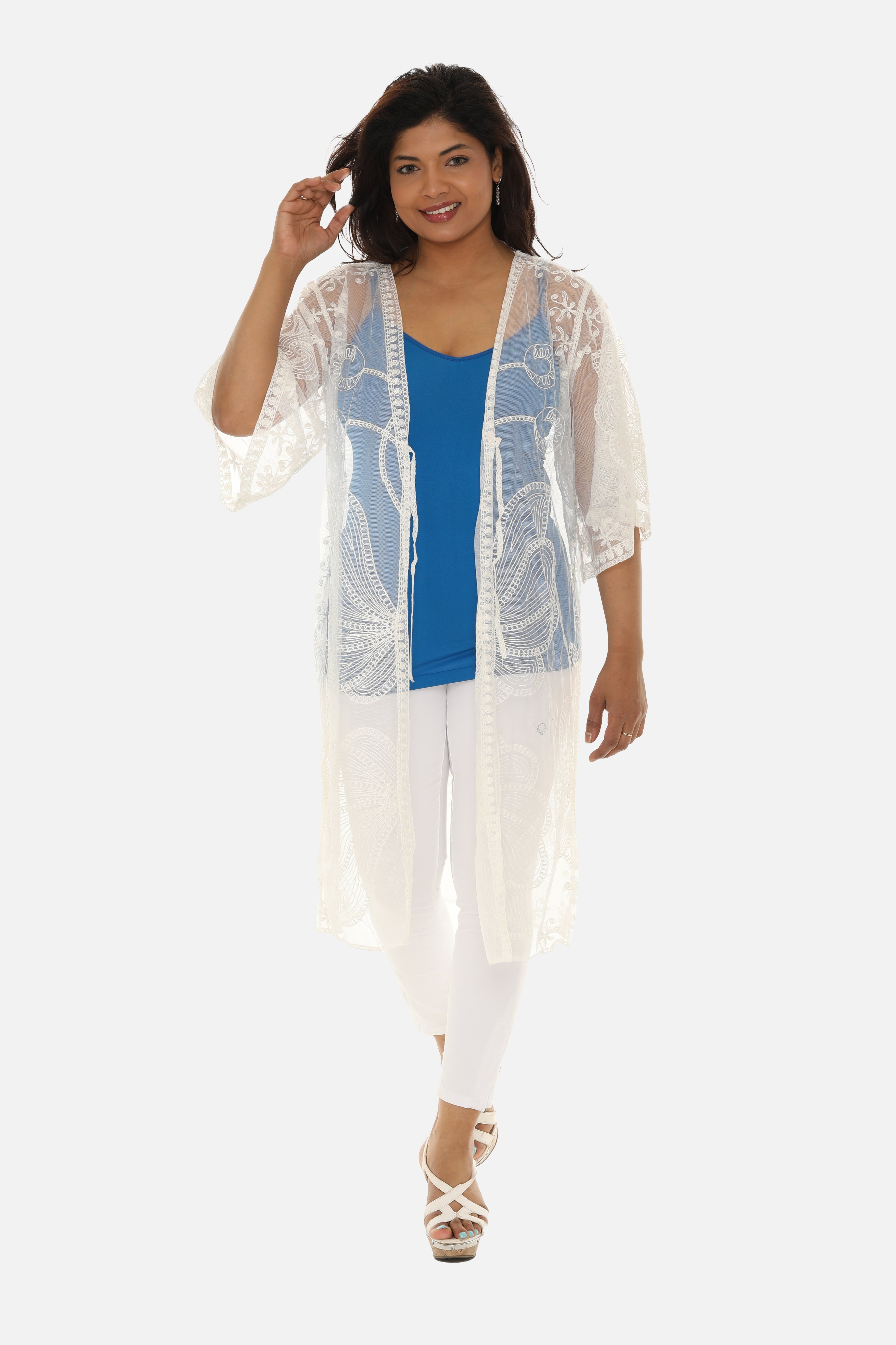 Butterfly Pattern Long Cover-Up with Tie-Knot Closure - Charming Charlie