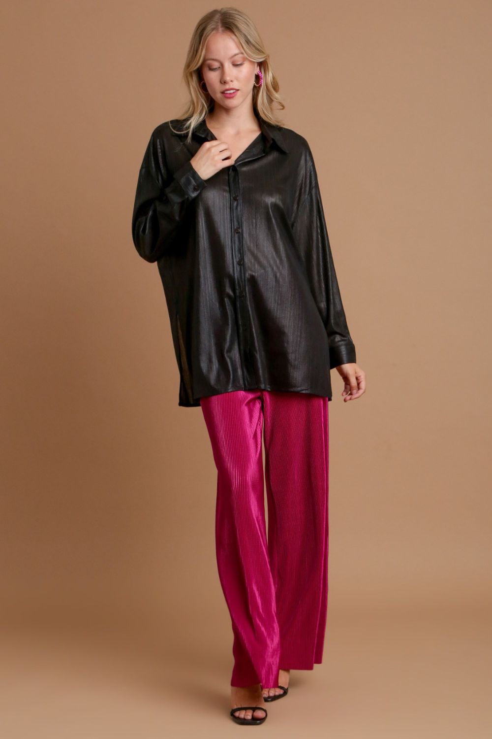 Umgee Side Slit Button Up Long Sleeve Shirt - Charming Charlie