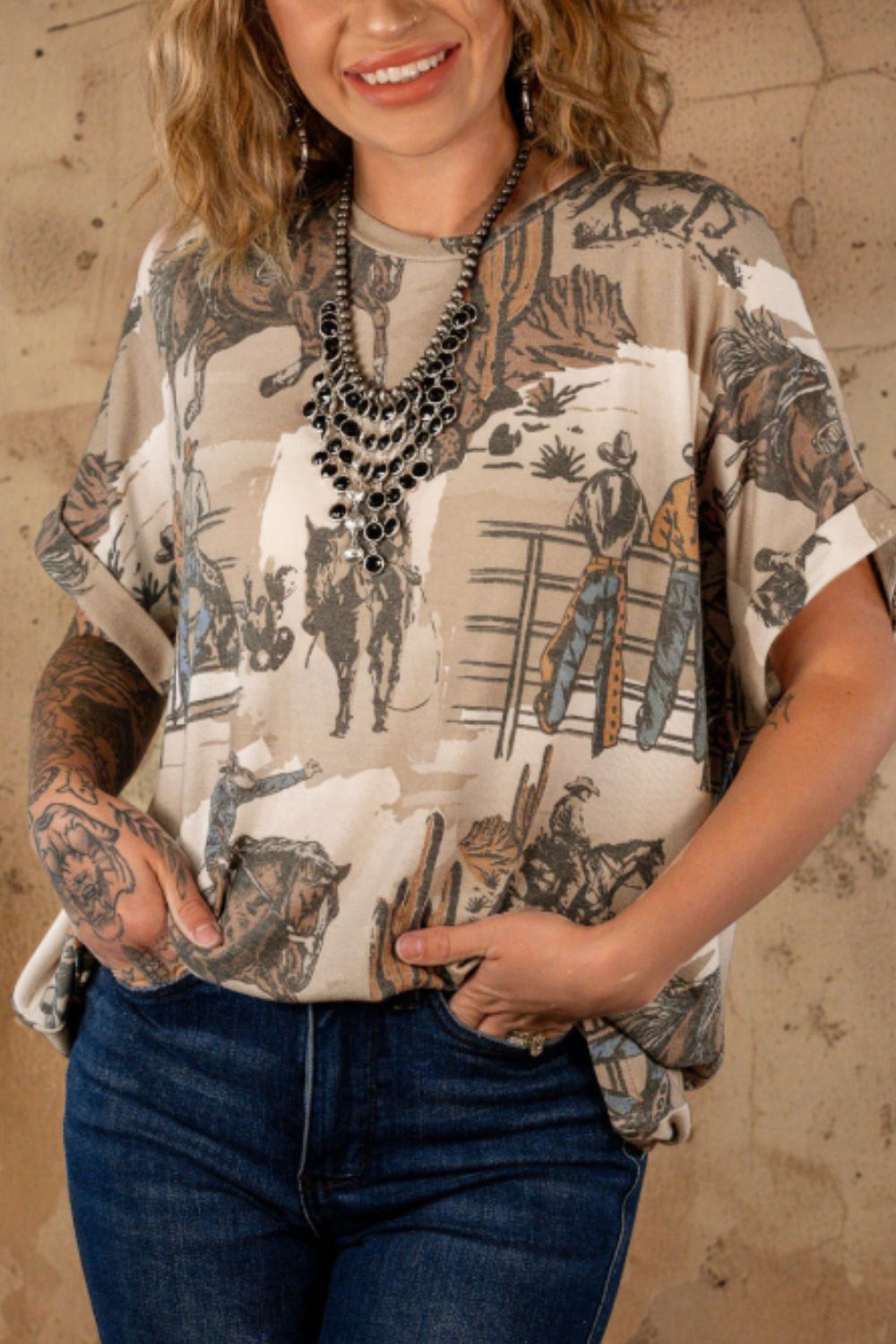 Cowboy Print Round Neck Short Sleeve T Shirt - Charming Charlie