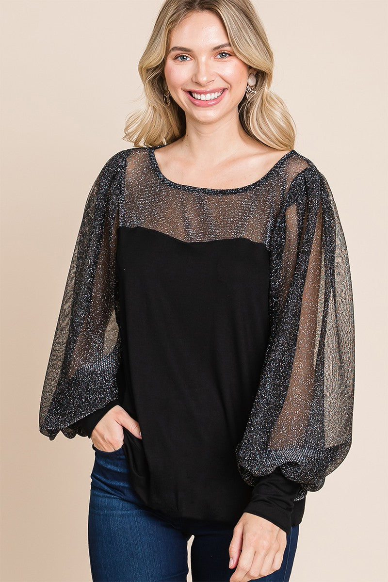 Super Lady Full Size Metallic Mesh Lantern Sleeve Blouse - Charming Charlie