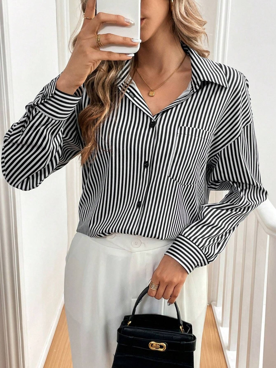 Cutout Bow Back Striped Collared Neck Long Sleeve Shirt - Charming Charlie