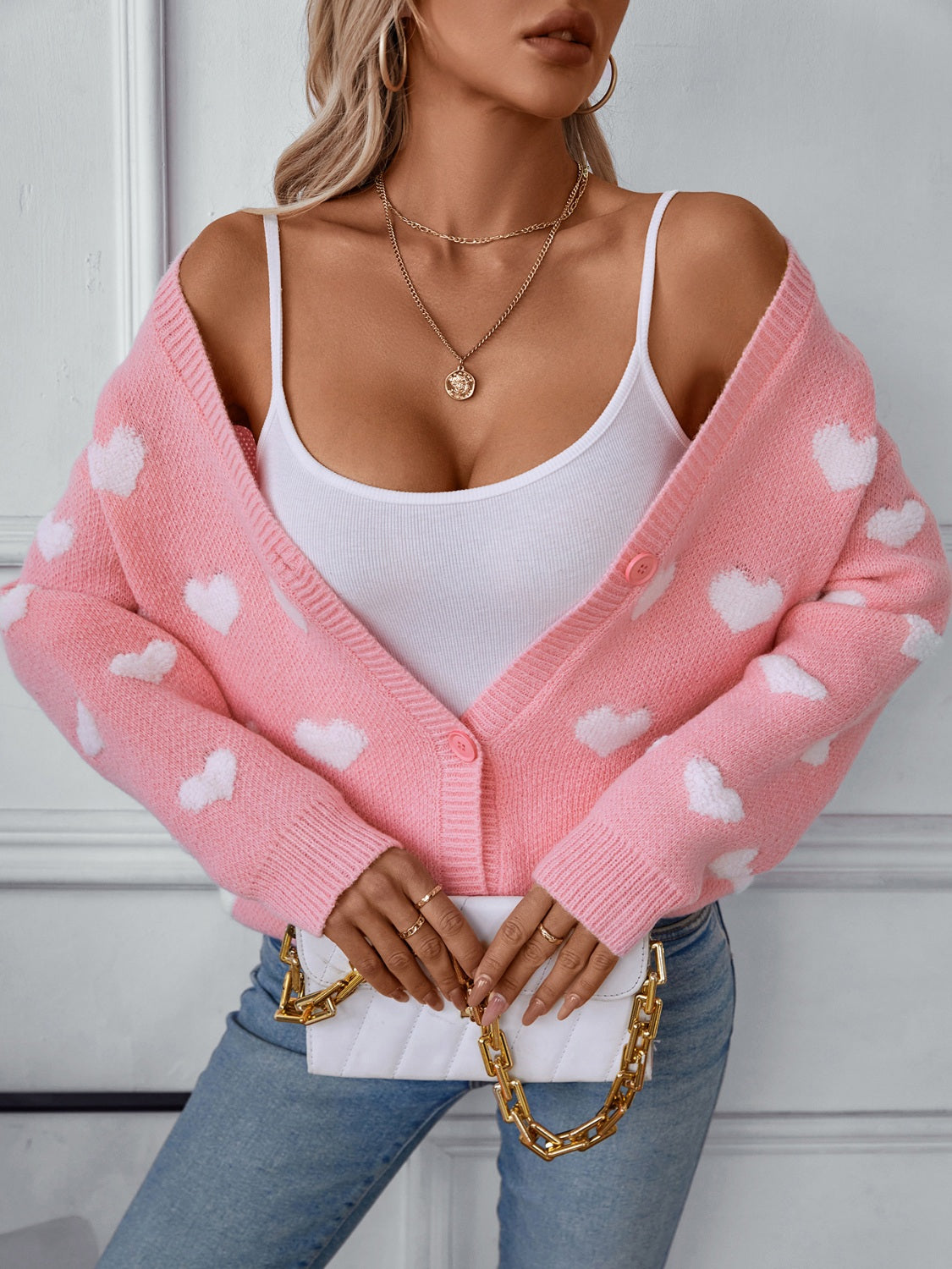 Heart V-Neck Button Up Long Sleeve Cardigan - Charming Charlie