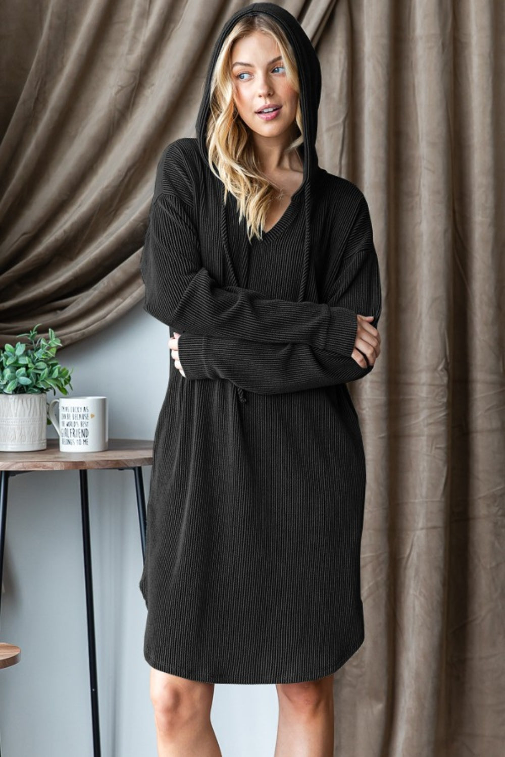 Heimish Ribbed Long Sleeve Hooded Dress - Charming Charlie