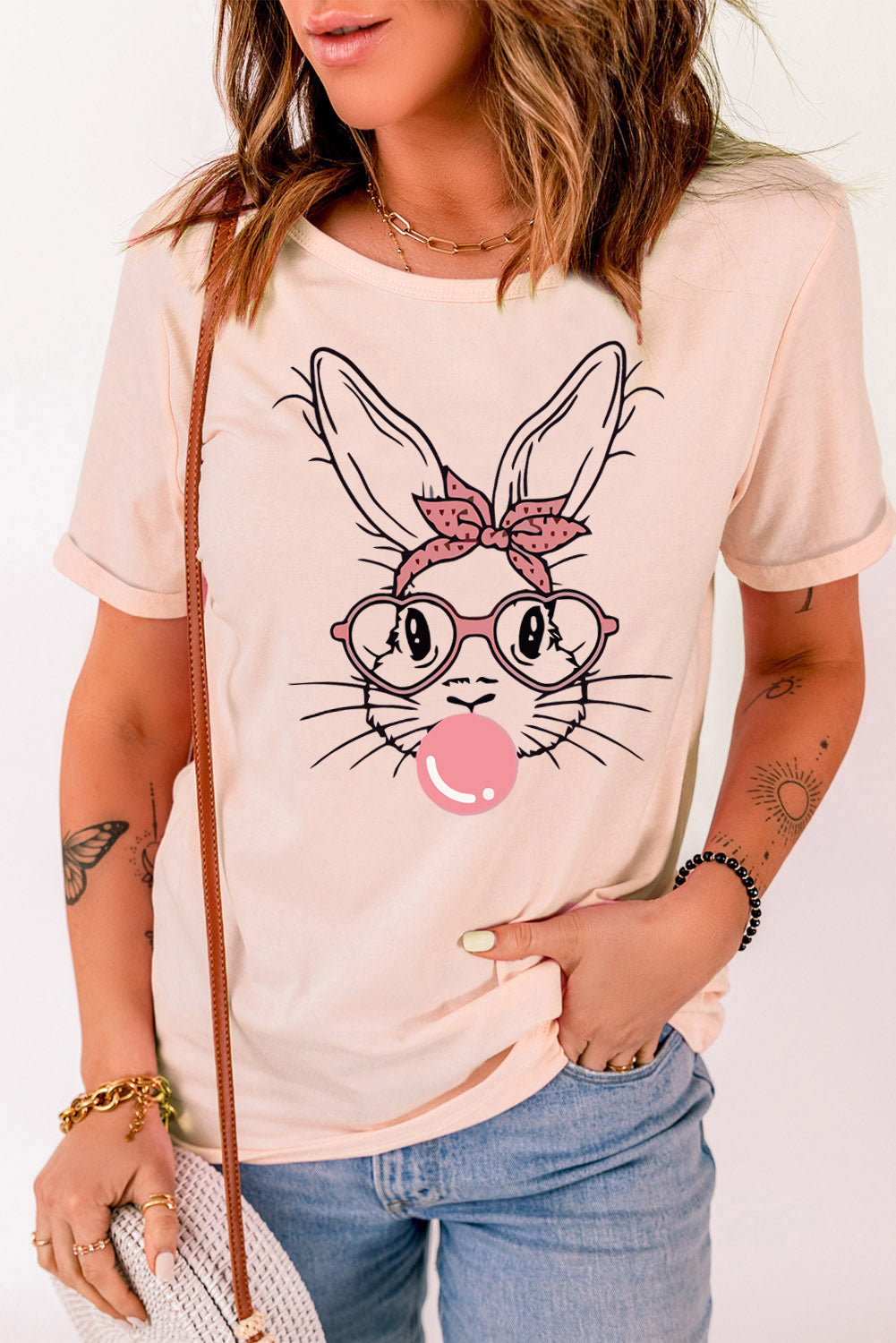 Rabbit Graphic Round Neck Short Sleeve T-Shirt - Charming Charlie