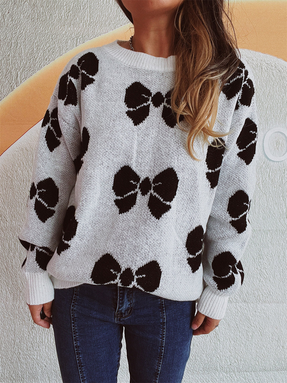 Bow Round Neck Dropped Shoulder Sweater - Charming Charlie
