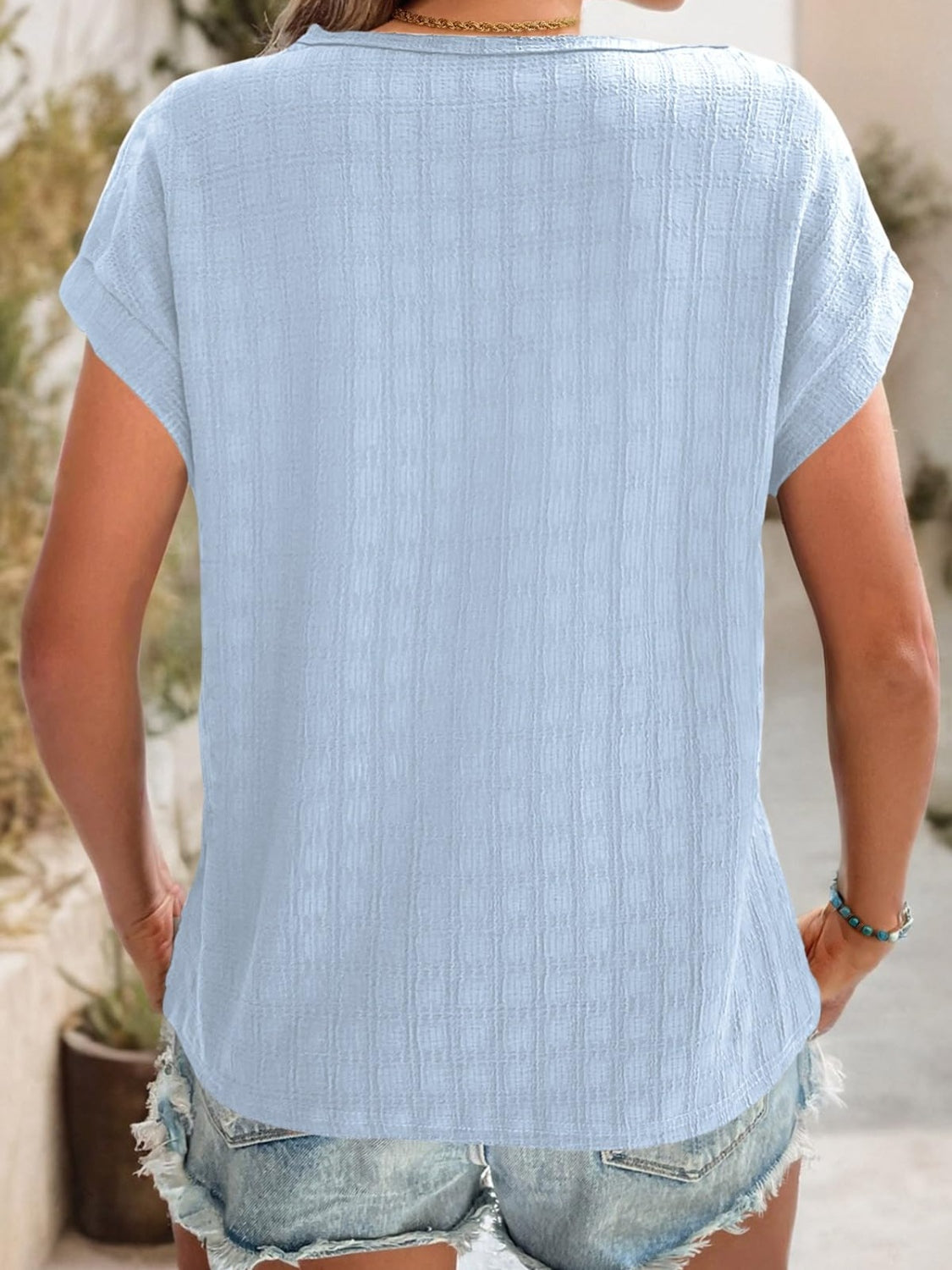 Textured Round Neck Short Sleeve Top - Charming Charlie