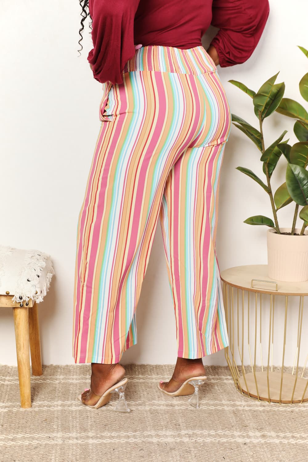 Double Take Striped Smocked Waist Pants with Pockets - Charming Charlie