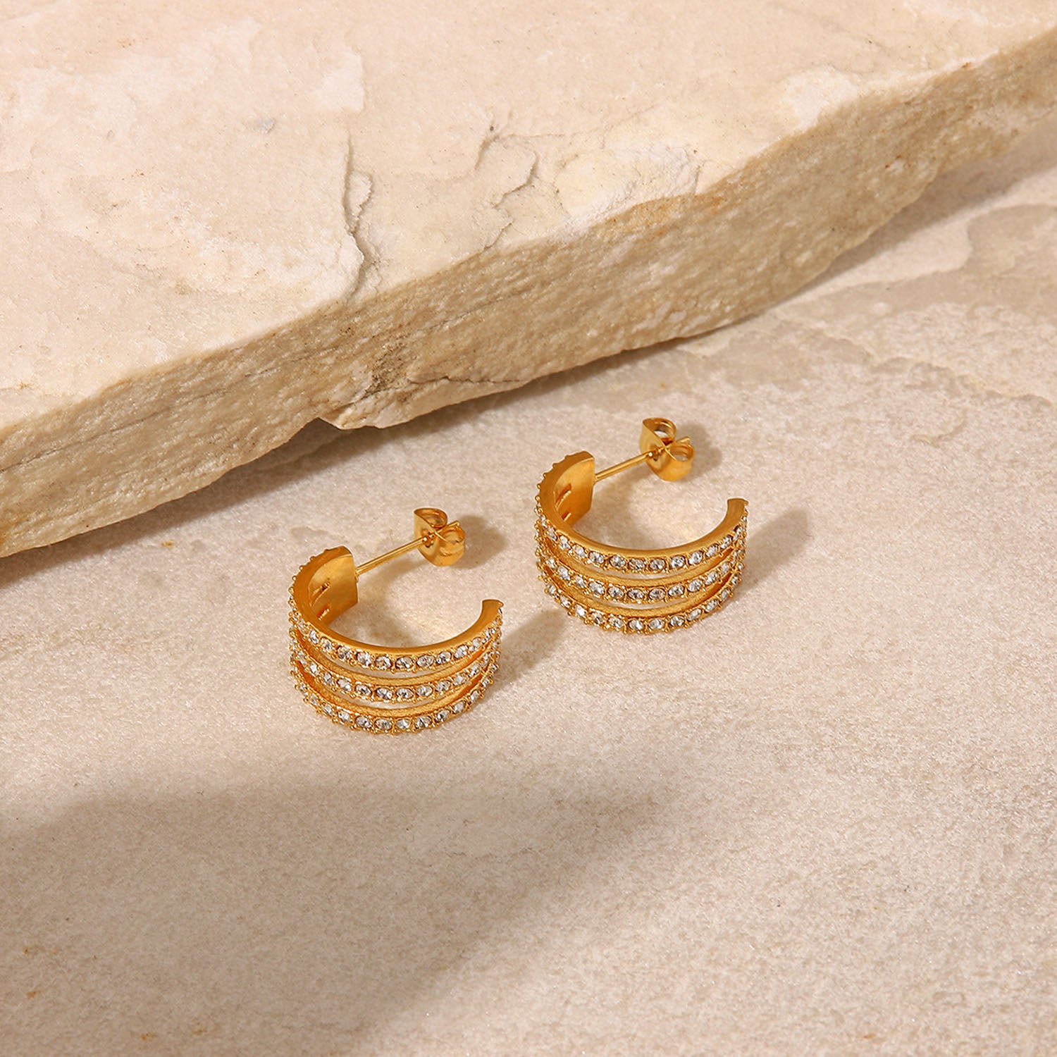 Stainless Steel Inlaid Zircon C-Hoop Earrings - Charming Charlie