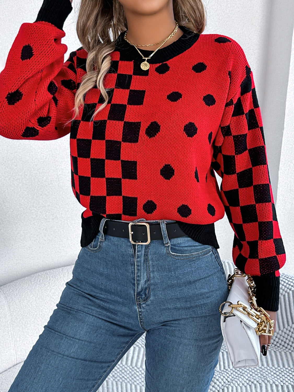 Plaid Round Neck Long Sleeve Sweater - Charming Charlie