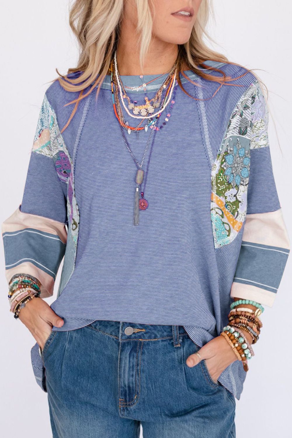 Striped Floral Patchwork Round Neck Top - Charming Charlie