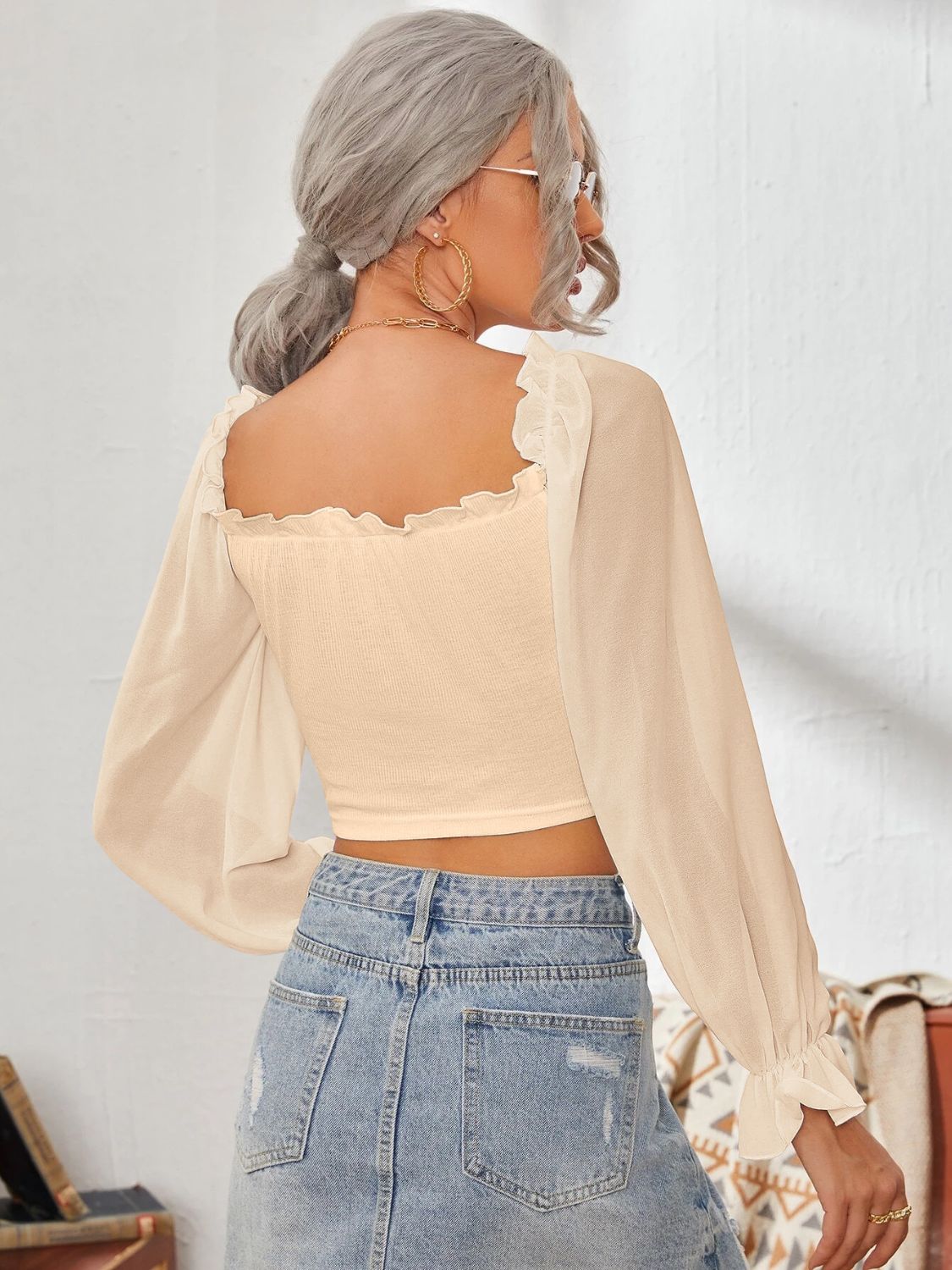 Mesh Sweetheart Neck Flounce Sleeve Top - Charming Charlie