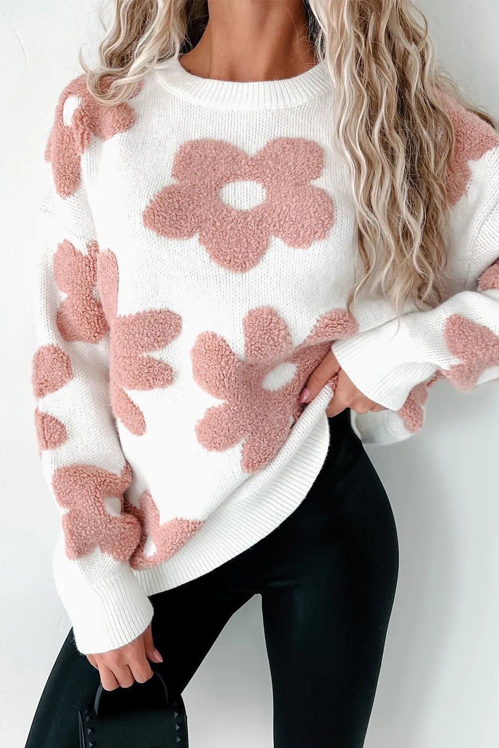 Flower Round Neck Long Sleeve Knit Top - Charming Charlie