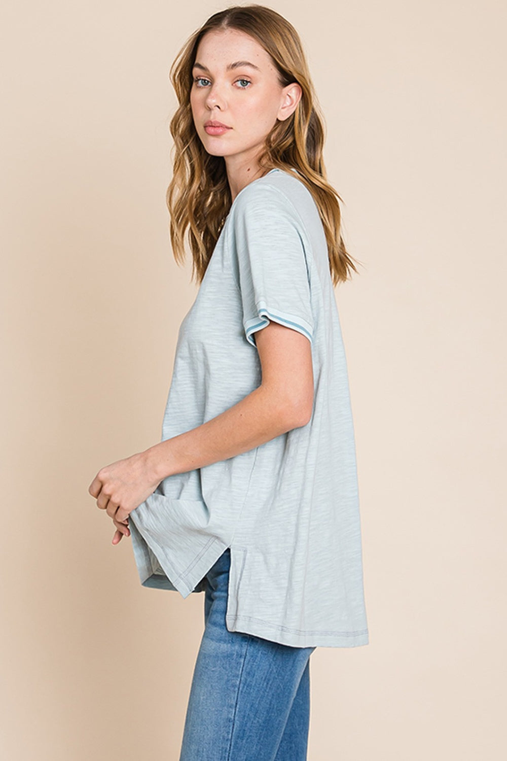 Cotton Bleu by Nu Lab Contrast Trim Short Sleeve Slit T-Shirt - Charming Charlie