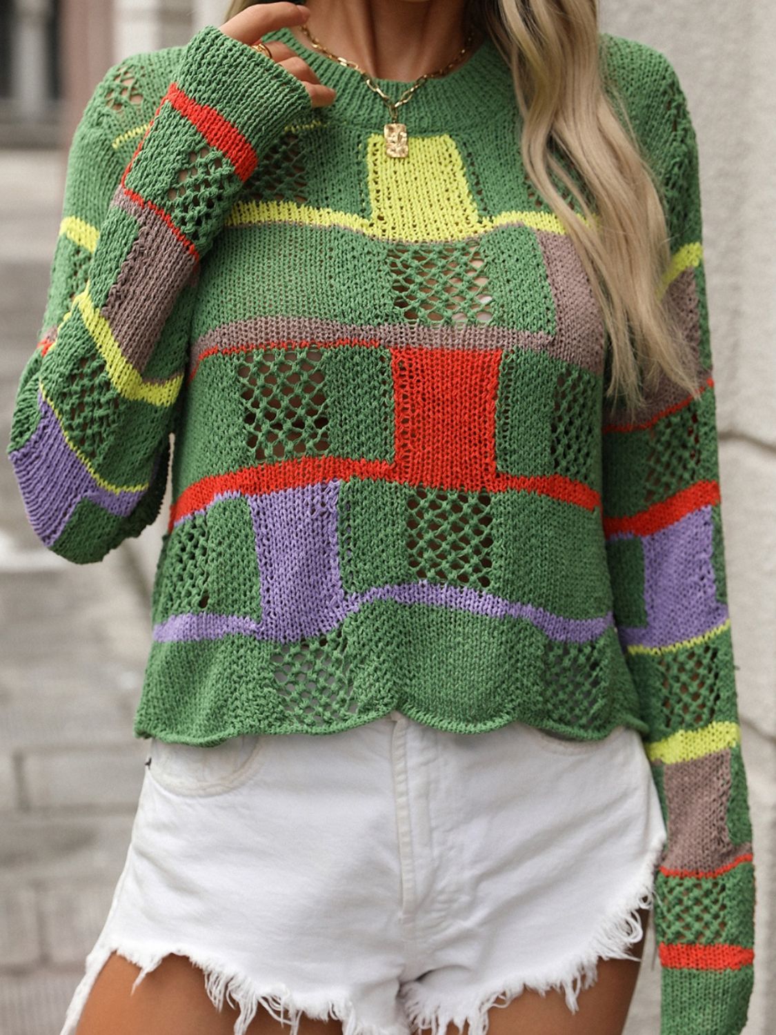 Openwork Color Block Round Neck Sweater - Charming Charlie