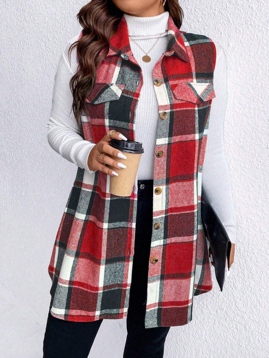 Honey Plus Size Pocketed Plaid Button Up Vest Coat - Charming Charlie