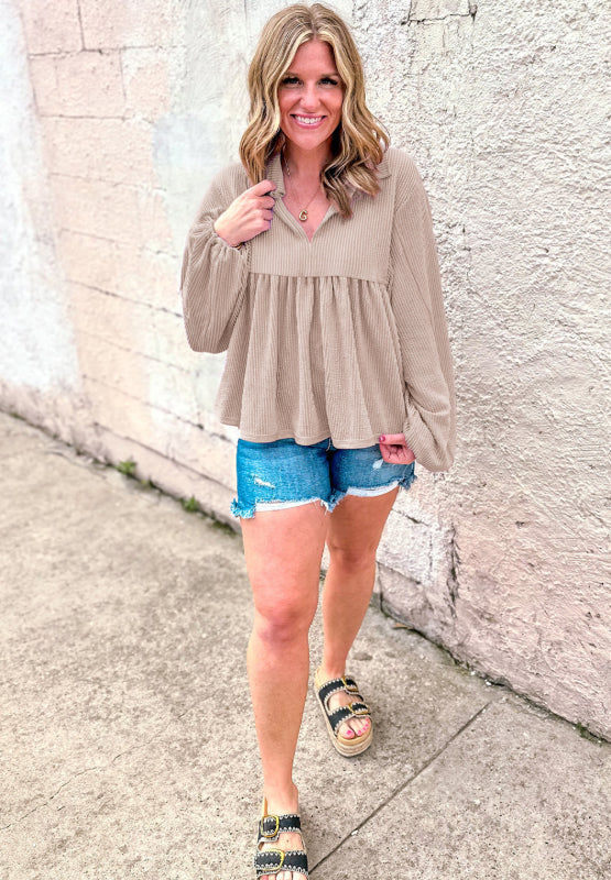Corded Johnny Collar Long Sleeve Babydoll Blouse - Charming Charlie