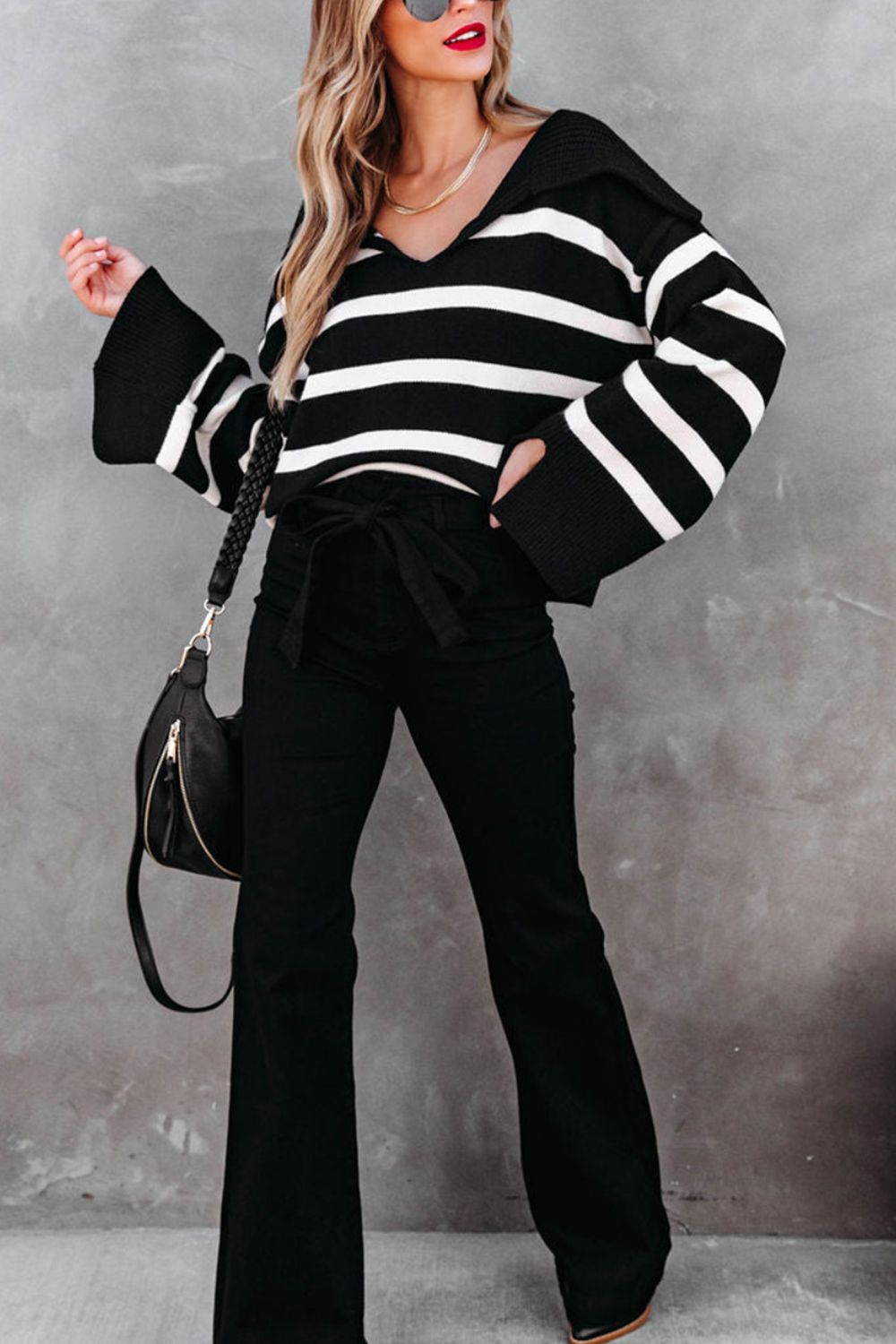 Striped Johnny Collar Long Sleeve Sweater - Charming Charlie
