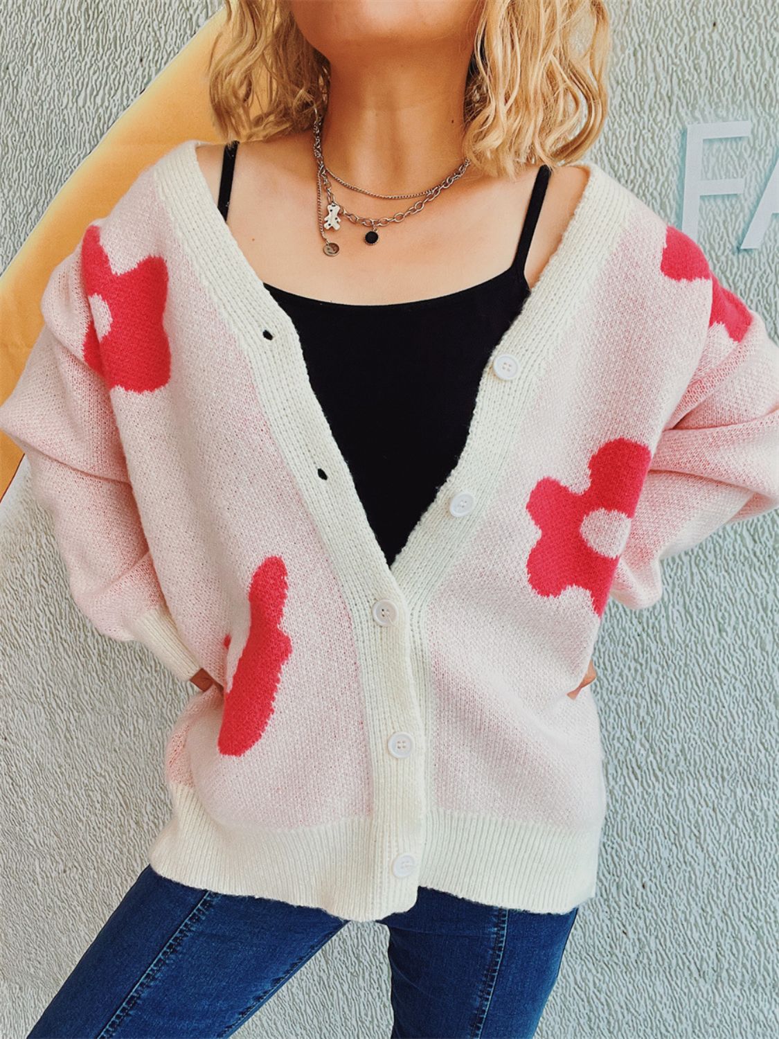 Flower Button Down V-Neck Long Sleeve Cardigan - Charming Charlie