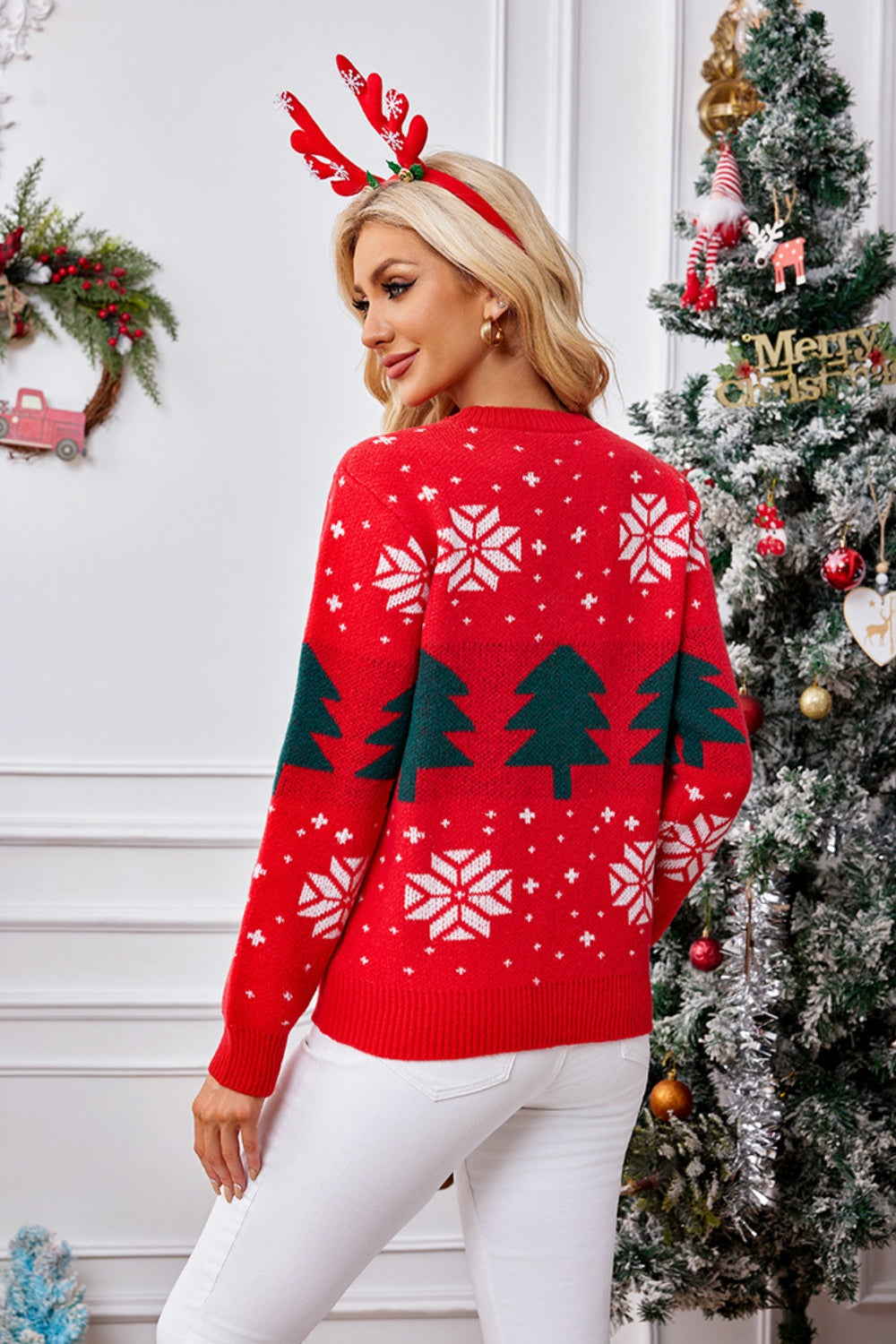 Christmas Tree Round Neck Long Sleeve Sweater - Charming Charlie