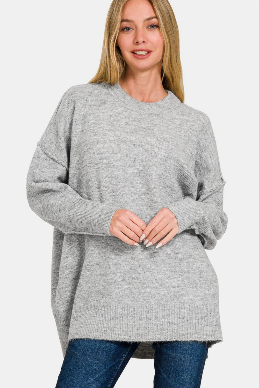 Zenana High-Low Hem Drop Shoulder Sweater - Charming Charlie