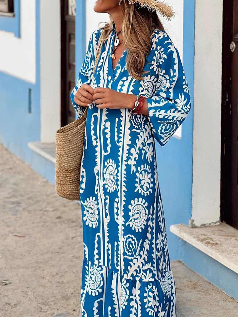 charlie maxi dress Wholesale MOQ6 Printed Notched Half Sleeve Maxi Dress