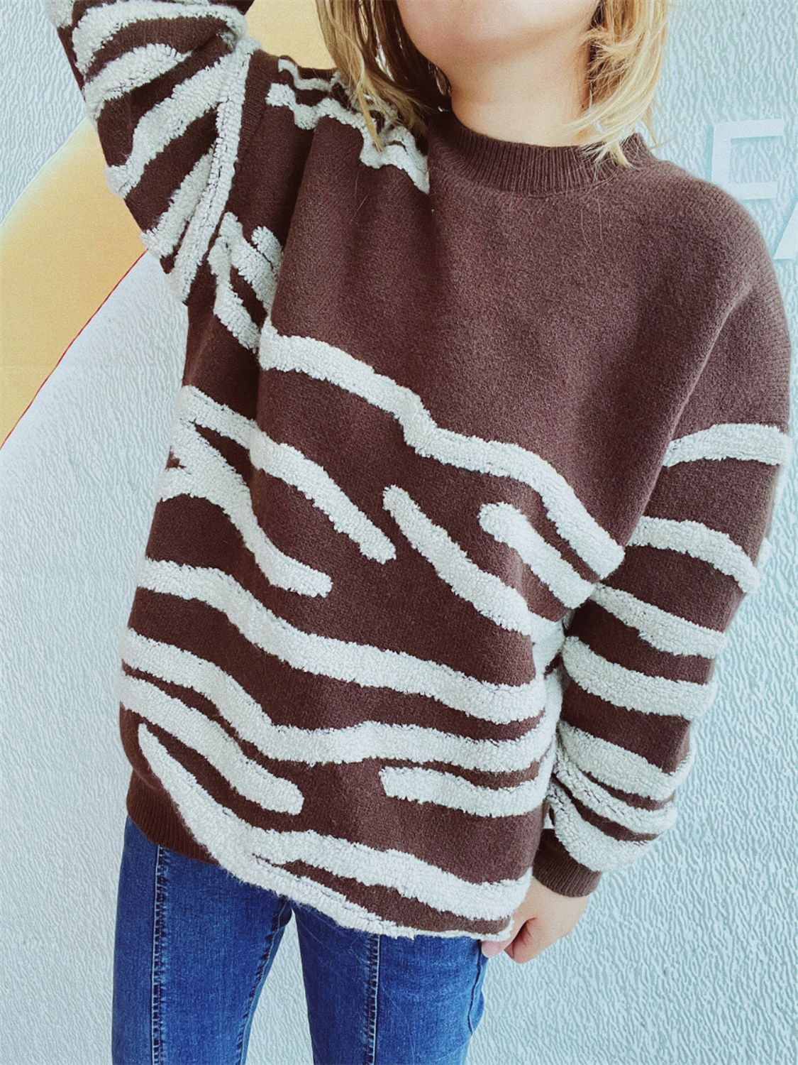 Contrast Round Neck Long Sleeve Sweater - Charming Charlie