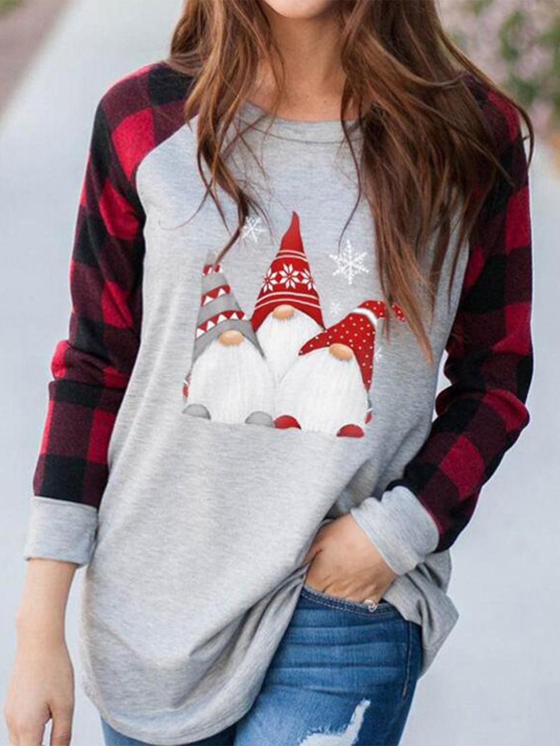 Full Size Graphic Plaid Round Neck Long Sleeve T-Shirt - Charming Charlie