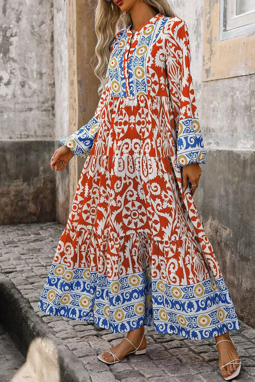 Printed Notched Long Sleeve Maxi Dress - Charming Charlie
