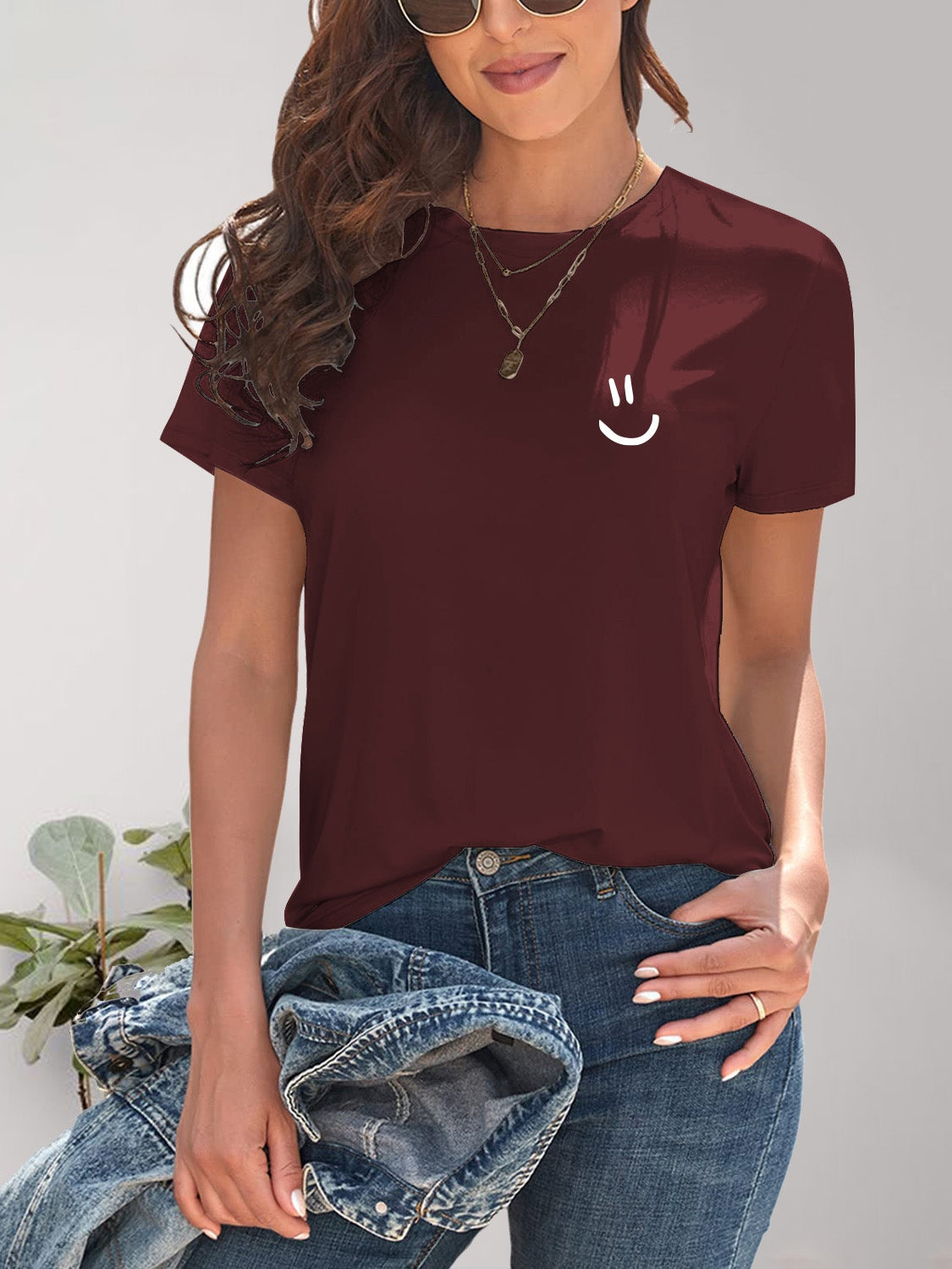 Smile Graphic Round Neck Short Sleeve T-Shirt - Charming Charlie