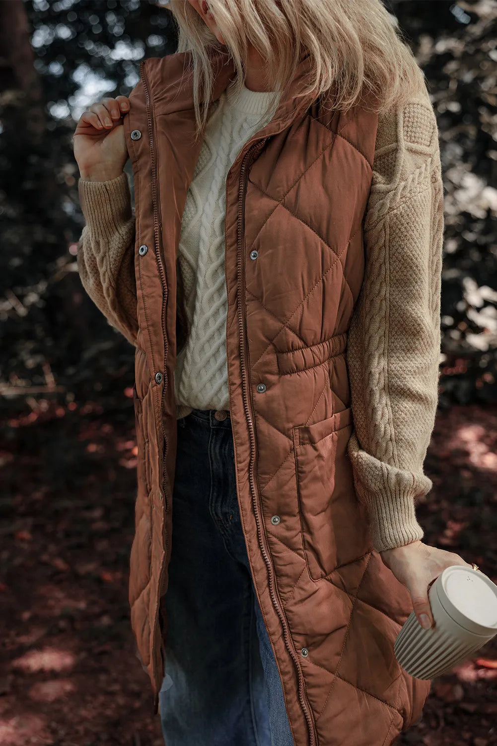 Pocketed Zipper and Button Vest Coat - Charming Charlie